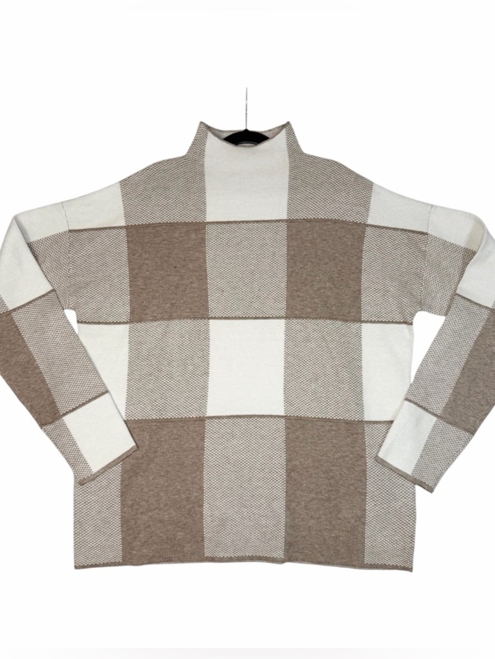 Women’s  Beige & Cream Check Knit Gingham‎ Mock Neck Sweater Size Large